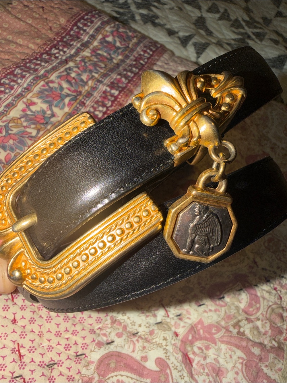 Vintage Brighton Gold-Accent Black Leather Belt with Fleur-de-Lis Charm